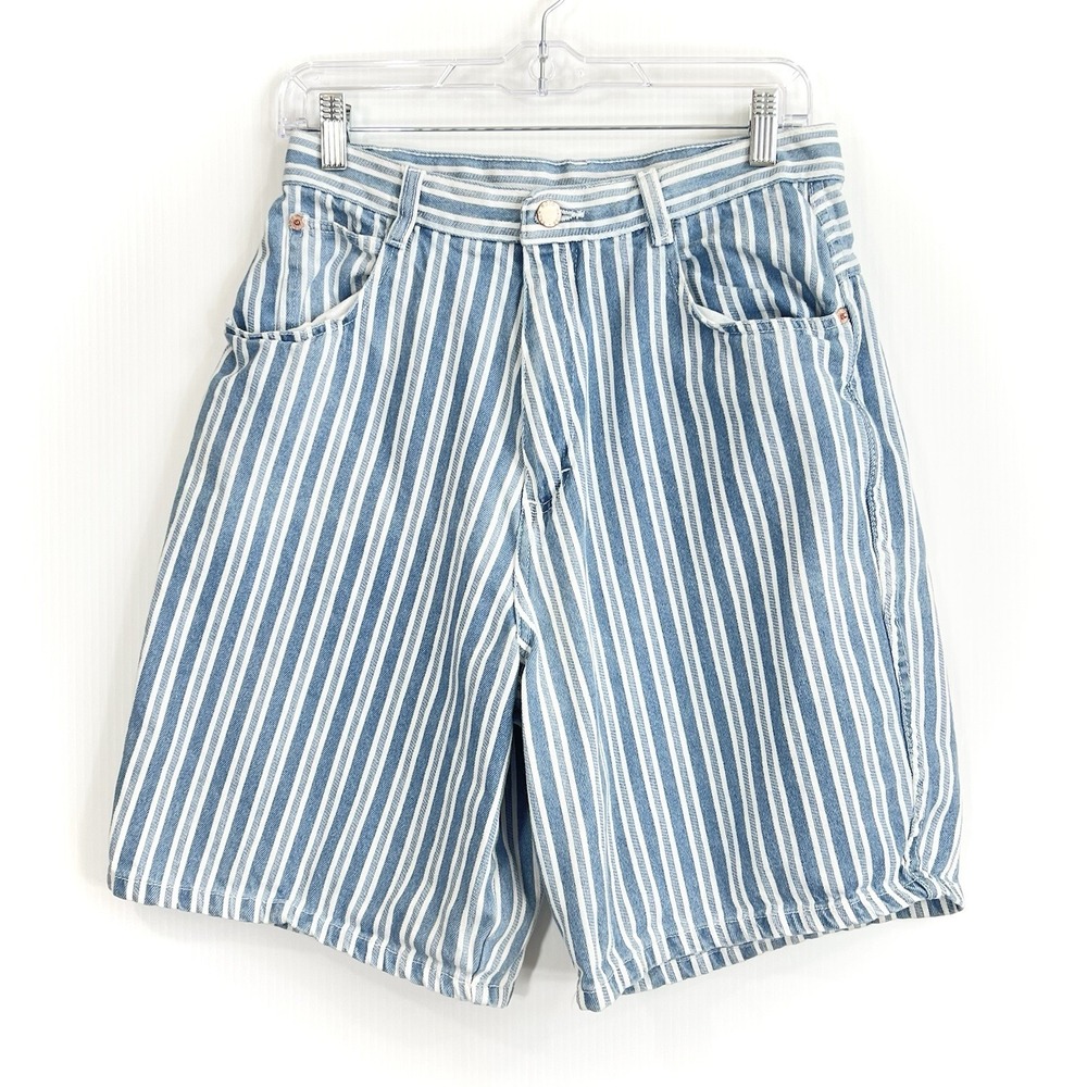 Vintage 90s High Waisted Mom Shorts 12 Backroad Blues Blue White Railroad Stripe